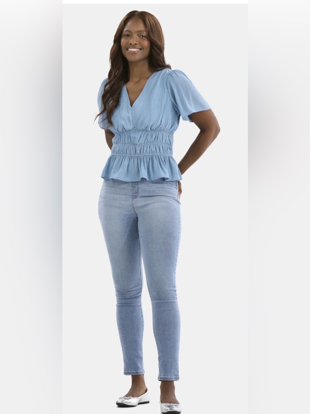 Time and Tru cinched waist peplum blouse with flutter sleeves; size: various